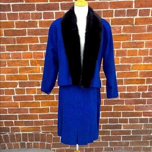 1960s Holt Renfrew Cobalt Blue Skirt & Jacket Set - Fur Trim Women Medium